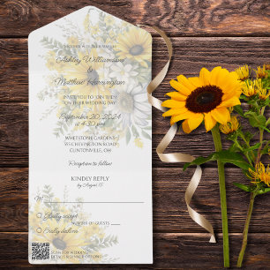 Sanfte Sonnenblumen und Gänseblümchen mit QR-Code All In One Einladung