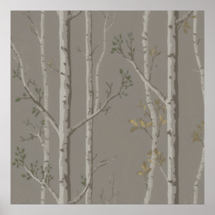 Sanfte Taupe-Birkenbäume-Sage-Blatt-Kunst Poster