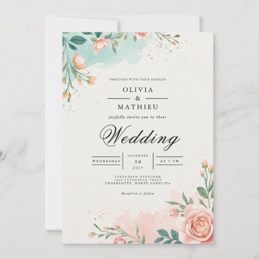 Sanfte Teal-Blüten-Bogen-Hochzeit Einladung (Vorderseite)
