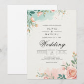 Sanfte Teal-Blüten-Bogen-Hochzeit Einladung (Vorne/Hinten)