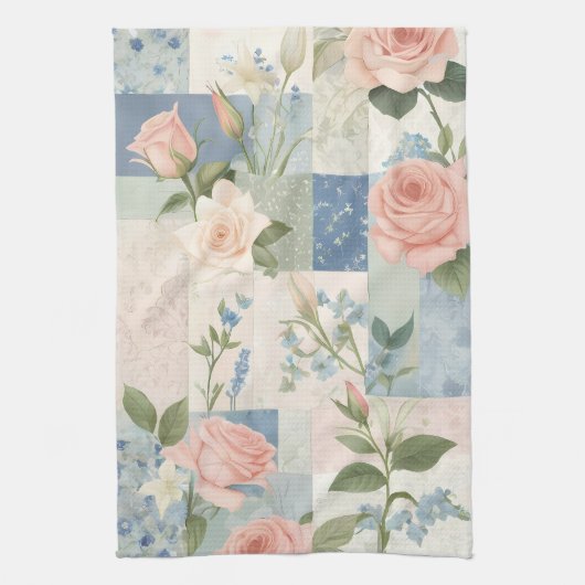 Sanfte zarte Blumen-Pink- und Blau-Patchwork Geschirrtuch (Vertikal)