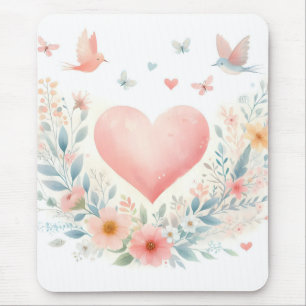 Sanftes Aquarell-Herz Liebe Blumen Vögel Mousepad