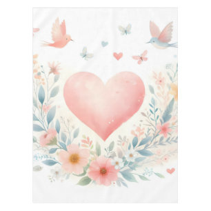 Sanftes Aquarell-Herz Liebe Blumen Vögel Tischdecke
