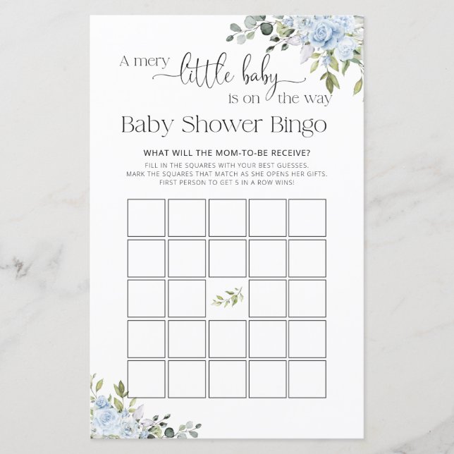 Sanftes Blau Botanisches Babyshower-Spiel Bingo (Vorderseite)