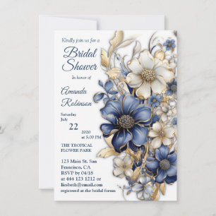 Sanftes Blau, weiße Blumen und goldene Ätzungen Einladung