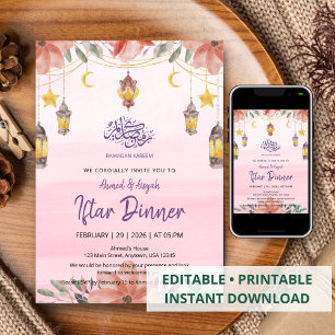 Sanftes rosa Aquarell-Blumen-Ramadan-Iftar Einladung