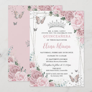 Sanftes Rosarot Florale Schmetterlinge Quinceanera Einladung