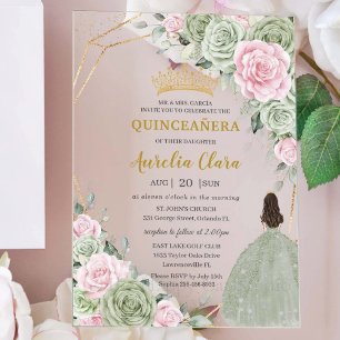 Sanftes Salbei Grün Rosa Floral Gold Quinceañera Acryleinladungen