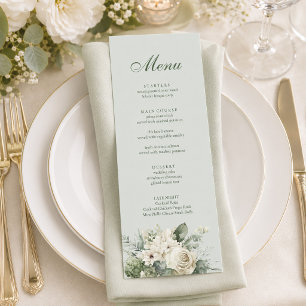 Sanftes Salbeigrünes Blumenhochzeitsmenü Menükarte