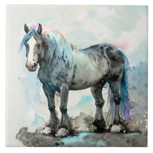 Sanftes Shire Horse Aquarell Blau Fliese