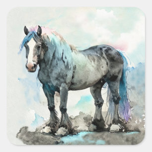 Sanftes Shire Horse Aquarell Blau Quadratischer Aufkleber