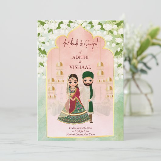 Sangeet mehndi indisches Brautpaar Jasmin Einladung (Stehend Vorderseite)