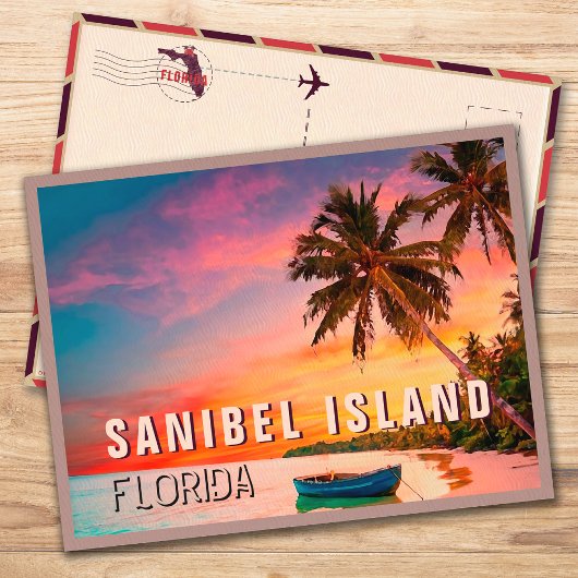 Sanibel Florida Tropical Palm Tree Sunset 1950s Postkarte