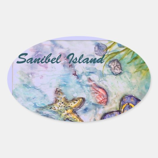 Sanibel Island Watercolor Florida Kunst Ovaler Aufkleber (Vorderseite)