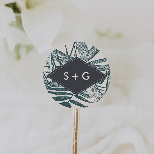 Sanibel | Vintage Tropische Hochzeitmonogramm Runder Aufkleber