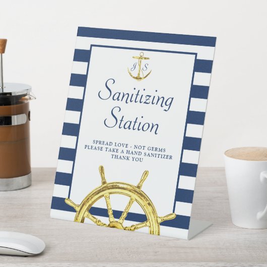 Sanitisierungs-Station Nautical Blue Gold Monogram Sockelschild (In SItu)