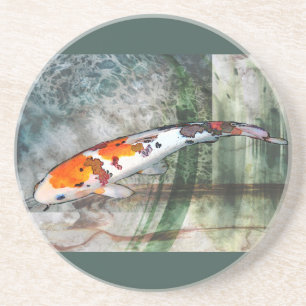 Sanke Koi im abstrakten blauen u. grünen Teich Sandstein Untersetzer