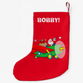 Sankt-Fliegen-Flugzeug mit dem Geschenk-Namen Kleiner Weihnachtsstrumpf (Rückseite)