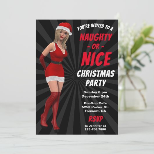 Sankt-Mädchen-freches oder Nizza WeihnachtsParty Einladung (Stehend Vorderseite)