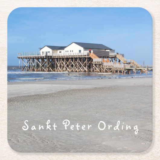 Sankt Peter Ording House auf Pfählen Foto mit Text Rechteckiger Pappuntersetzer (Vorderseite)