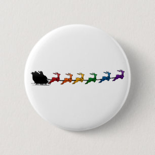 Sankt-Pferdeschlitten mit Regenbogen-Ren Button