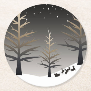 Sankt Sleigh und Baum-Silhouette Runder Pappuntersetzer