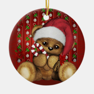 Sankt-Teddybär mit Zuckerstange Keramik Ornament