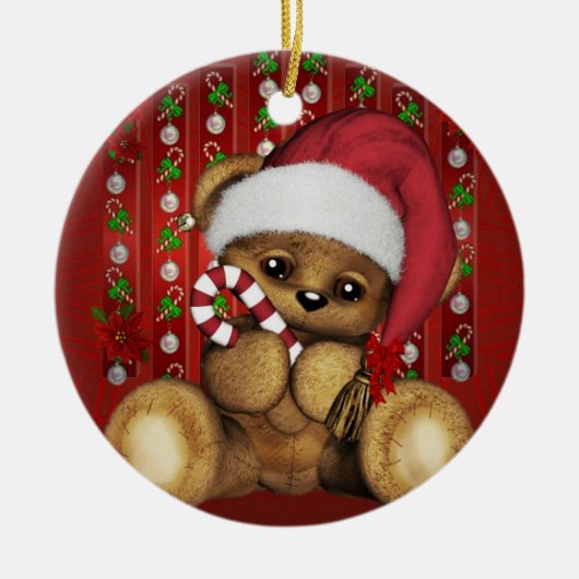 Sankt-Teddybär mit Zuckerstange Keramik Ornament (Vorne)