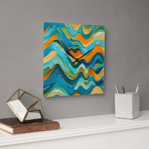 Sanlúcar Blue Green Orange Waves Quadratische Wanduhr