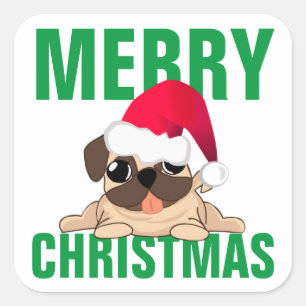 Sant Mops Dog Weihnachtslabel Quadratischer Aufkleber