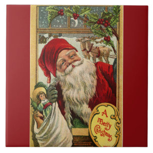 Santa am Fenster mit Spielzeug rote Keramikfliese