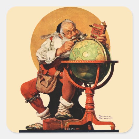 Santa am Globus Quadratischer Aufkleber (Vorderseite)