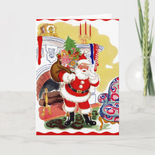 Santa am Kamin bringt Spielzeug Feiertagskarte