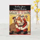 Santa am Kamin mit Puppen Vintage Retro Karte (Gelbe Blume)