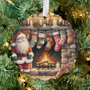 Santa am Kamin Weihnachtsstrümpfe Ornament Karte