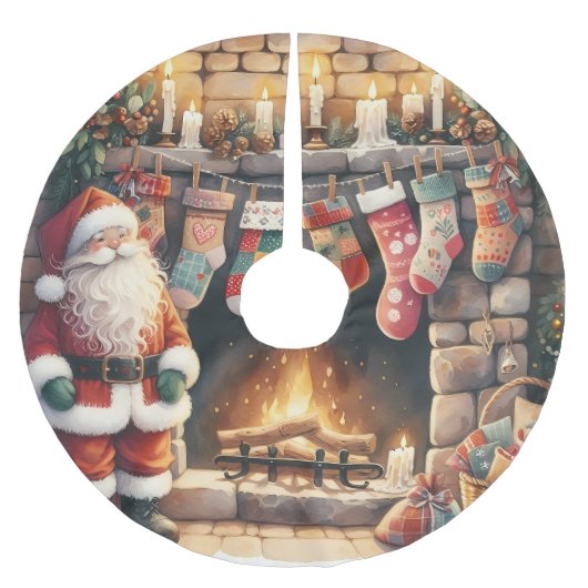 Santa am Kamin Weihnachtsstrümpfe Polyester Weihnachtsbaumdecke (Vorderseite)
