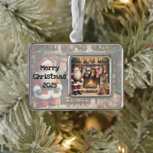Santa am Kamin Weihnachtsstrümpfe Rahmen-Ornament Silber