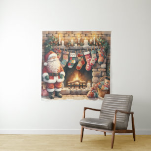 Santa am Kamin Weihnachtsstrümpfe Wandteppich