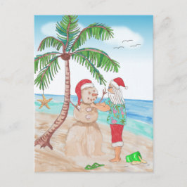 Santa am Strand Gebäude a Sand Snowman Postkarte
