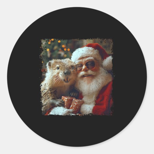 Santa And Beaver Selfie Funny Christmas Design  Runder Aufkleber (Vorderseite)