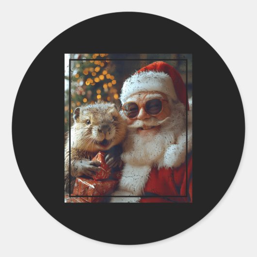 Santa And Beaver Selfie Funny Christmas Design  Runder Aufkleber (Vorderseite)