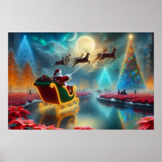 Santa and His Reindeer Flying in the Sky Poster (Vorne)