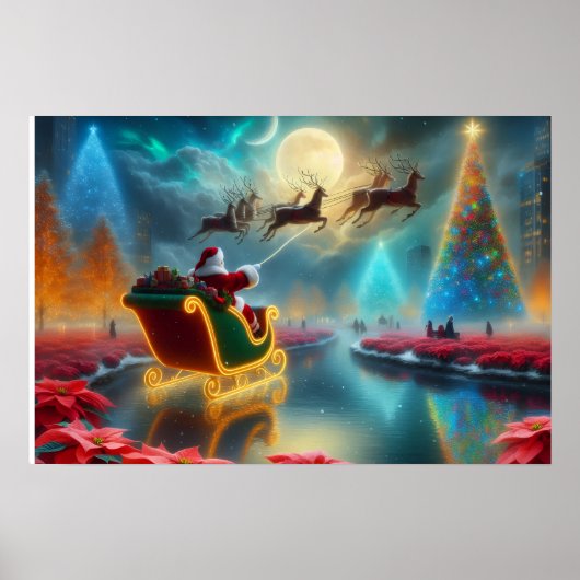 Santa and His Reindeer Flying in the Sky Poster (Vorne)
