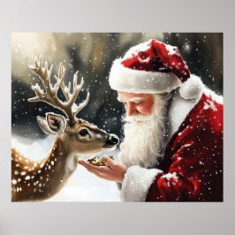 Santa and Reindeer Christmas Wall Art Poster