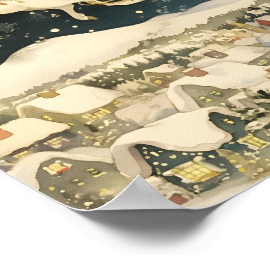 Santa and Reindeer Flying Over Snowy Village  Poster (Ecke)