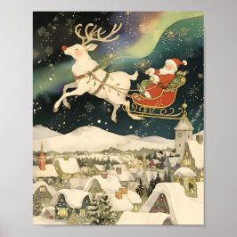 Santa and Reindeer Flying Over Snowy Village  Poster