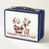 Santa and Reindeer in Festive Cartoon Style Metall Brotdose (Rückseite)