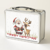 Santa and Reindeer in Festive Cartoon Style Metall Brotdose (Rückseite)