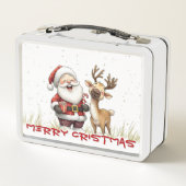 Santa and Reindeer in Festive Cartoon Style Metall Brotdose (Rückseite)