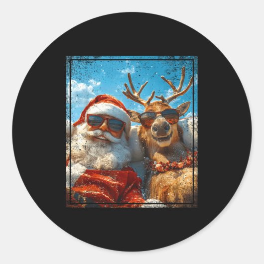Santa And Reindeer Selfie Funny Christmas Vacation Runder Aufkleber (Vorderseite)
